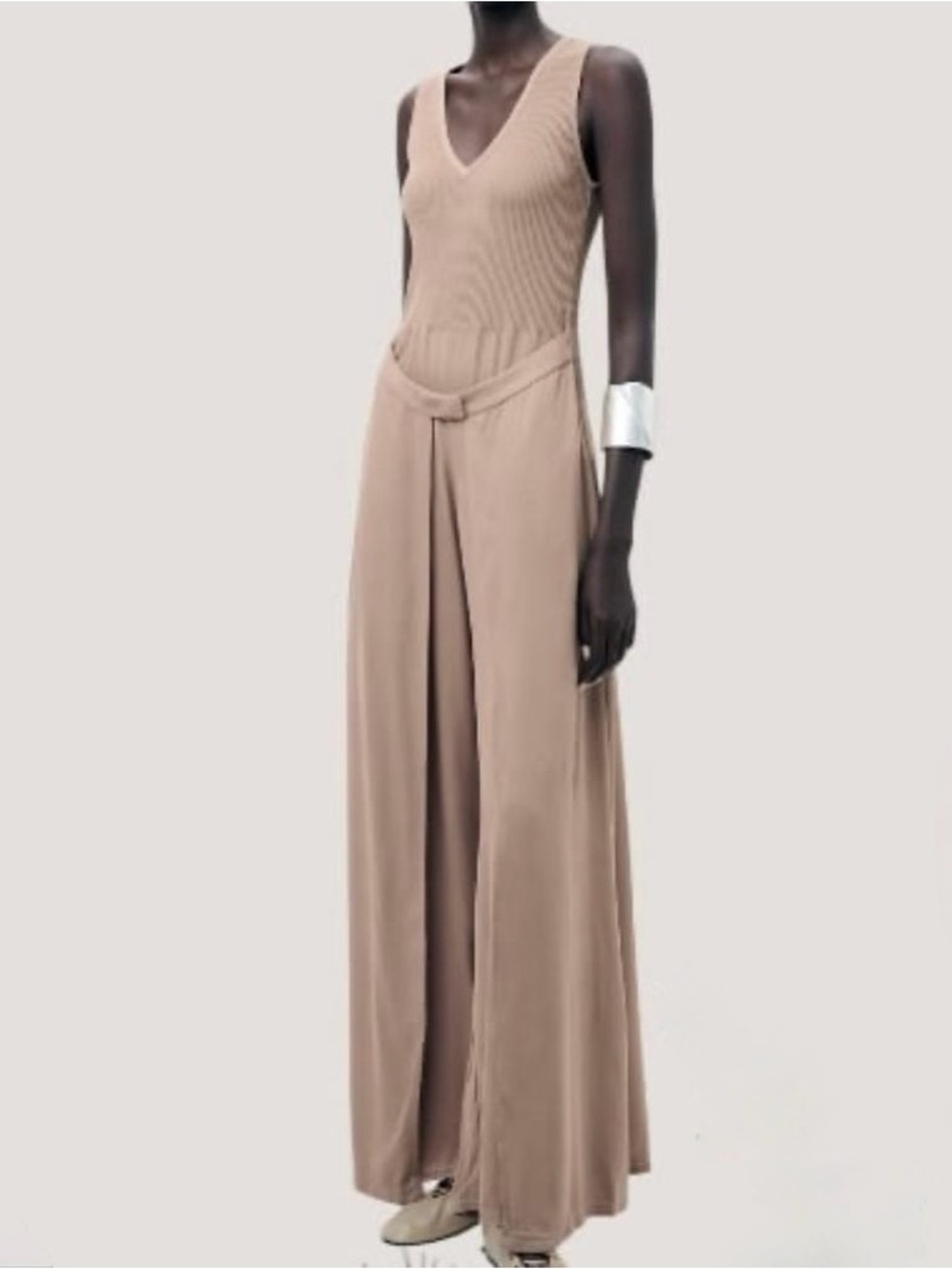 Zara Combined Wrap Pareo Wide-Leg Jumpsuit Taupe | Size M